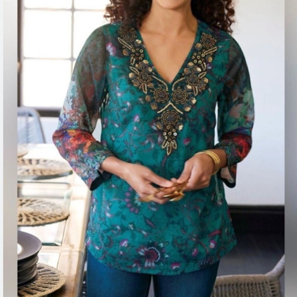 Soft Surroundings Teal Floral V-Neck Blouse with Embellished Neckline